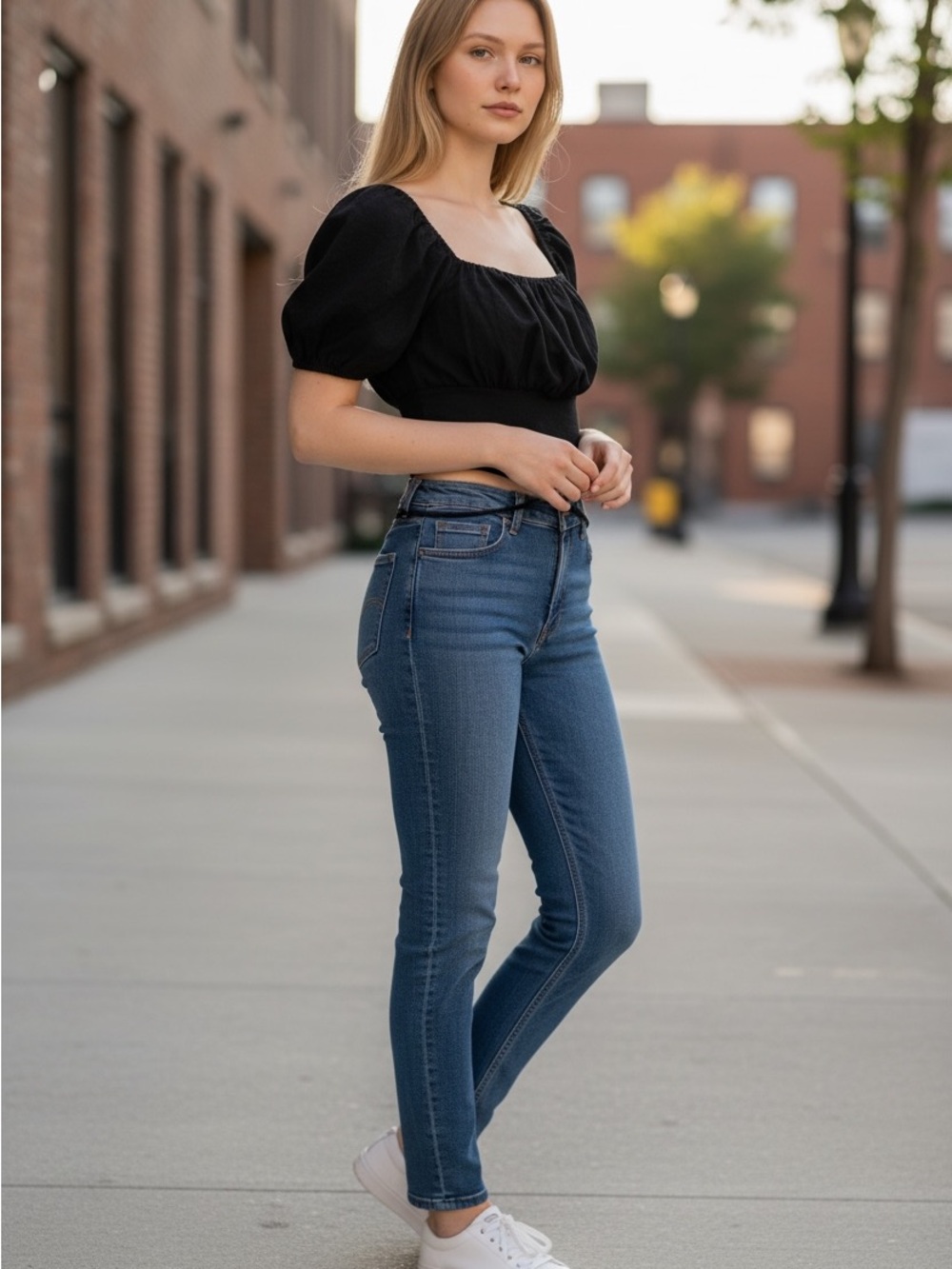 Meraki Black Puff Sleeve Crop Top Sz M